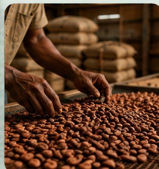 Cocoa beans being sorted and prepared